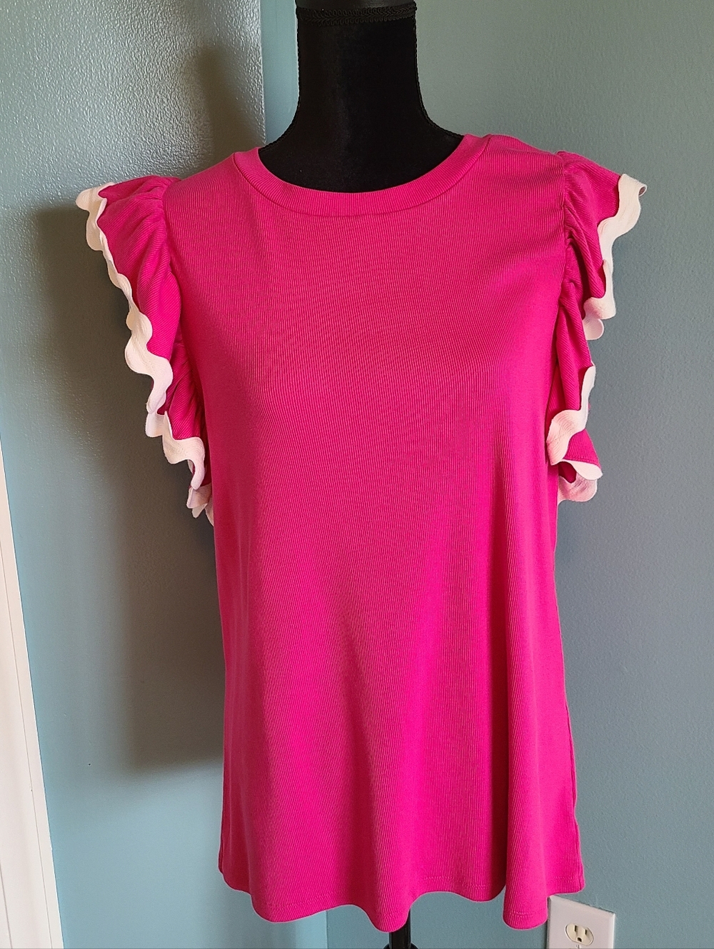 crown & ivy Hot Pink Top with White Ruffle Sleeves